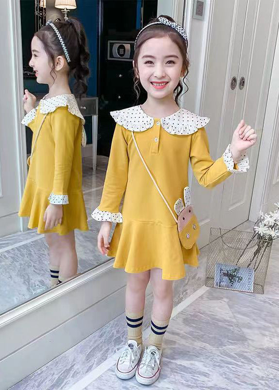 Elegant Yellow O-Neck Patchwork Girls A Line Mid Dress Long Sleeve