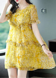 Elegant Yellow O-Neck Patchwork Ruffles Print Chiffon Holiday Dress Summer