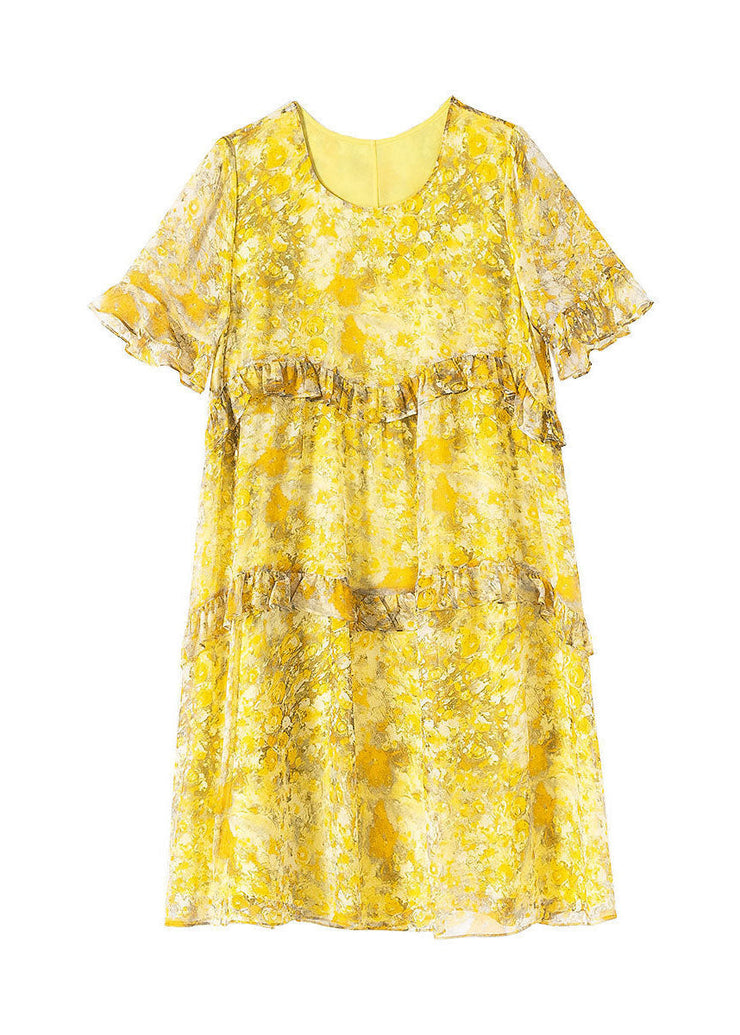 Elegant Yellow O-Neck Patchwork Ruffles Print Chiffon Holiday Dress Summer