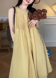 Elegant Yellow O Neck Pockets Cotton Long Dress Sleeveless