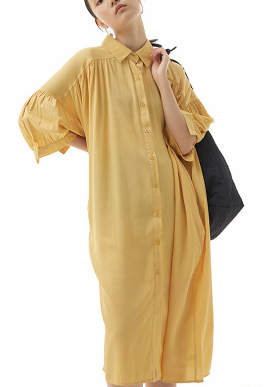 Elegant Yellow Peter Pan Collar Button Holiday Long Shirts Dress Summer