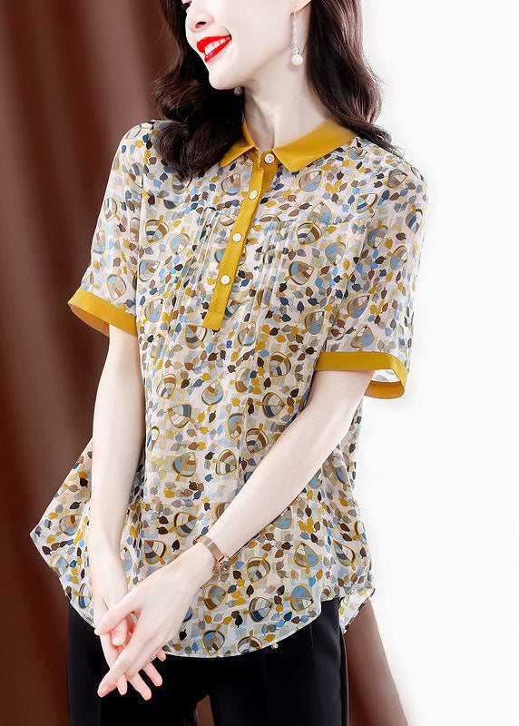 Elegant Yellow Peter Pan Collar Print Wrinkled Chiffon Blouses Summer