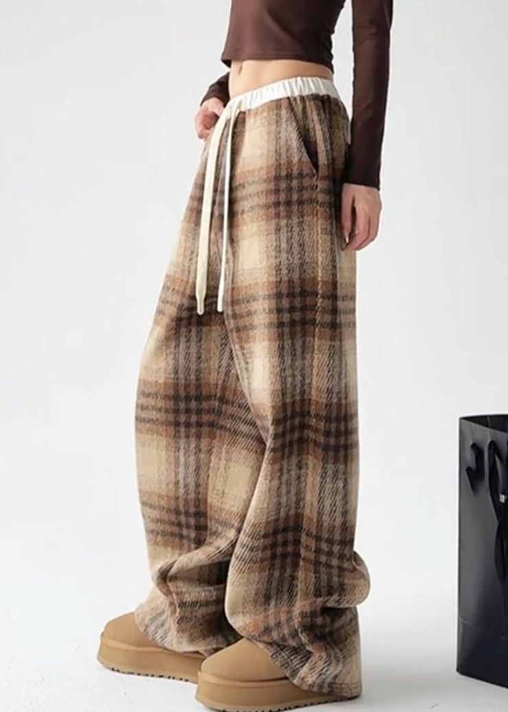 Elegant Yellow Plaid Warm Fleece Draping Woolen Wide Leg Pants Spring