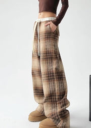 Elegant Yellow Plaid Warm Fleece Draping Woolen Wide Leg Pants Spring