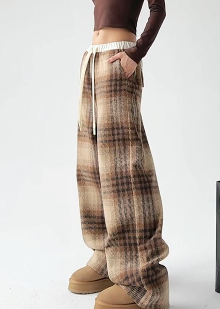 Elegant Yellow Plaid Warm Fleece Draping Woolen Wide Leg Pants Spring