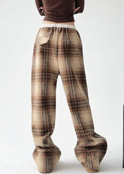 Elegant Yellow Plaid Warm Fleece Draping Woolen Wide Leg Pants Spring