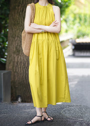 Elegant Yellow Pockets Solid Cotton Long Dress Sleeveless