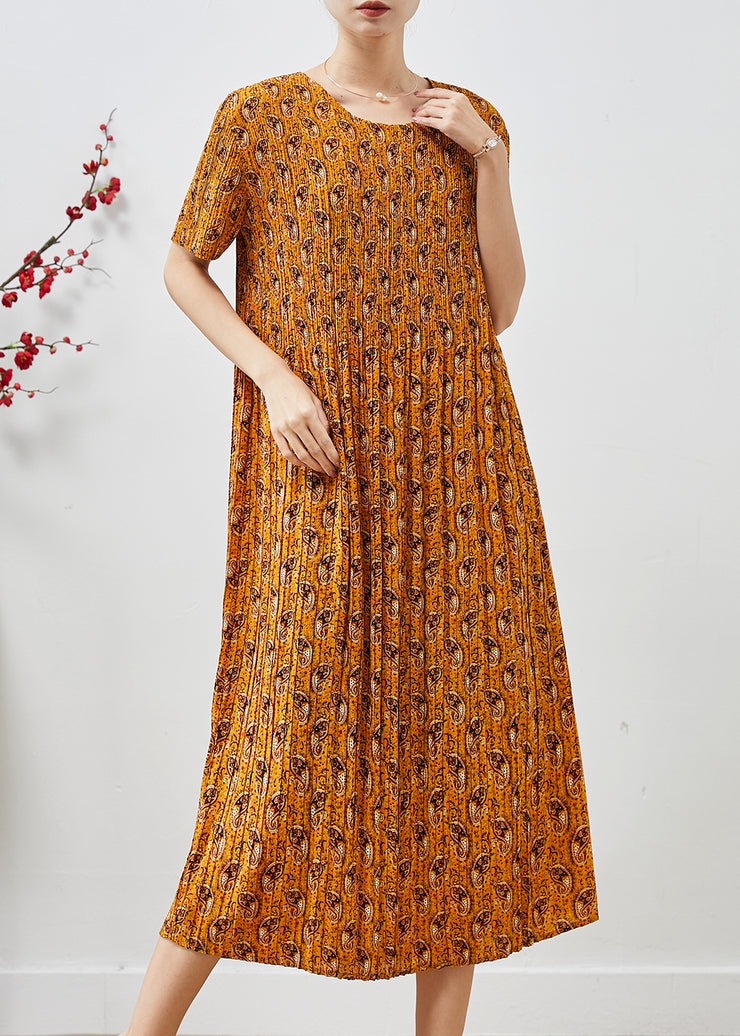 Elegant Yellow Print Chiffon Pleated Dress Summer