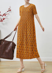 Elegant Yellow Print Chiffon Pleated Dress Summer