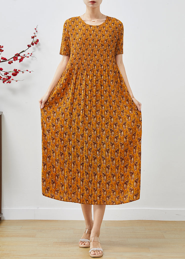 Elegant Yellow Print Chiffon Pleated Dress Summer