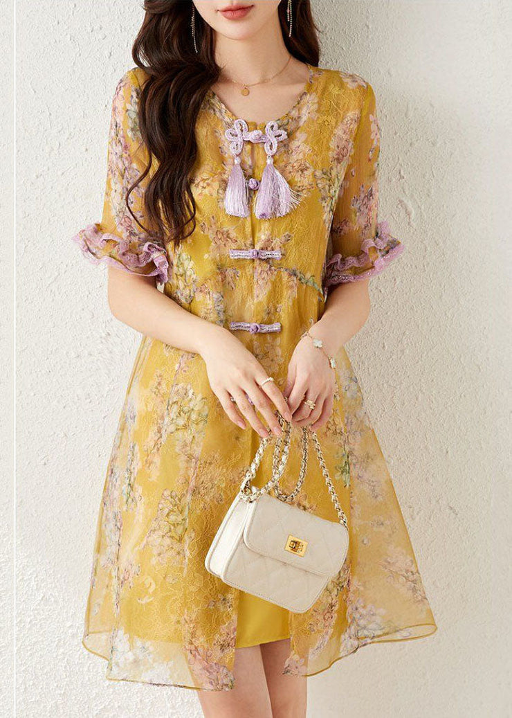 Elegant Yellow Print Chinese Button Tassel Silk Mid Dresses Summer