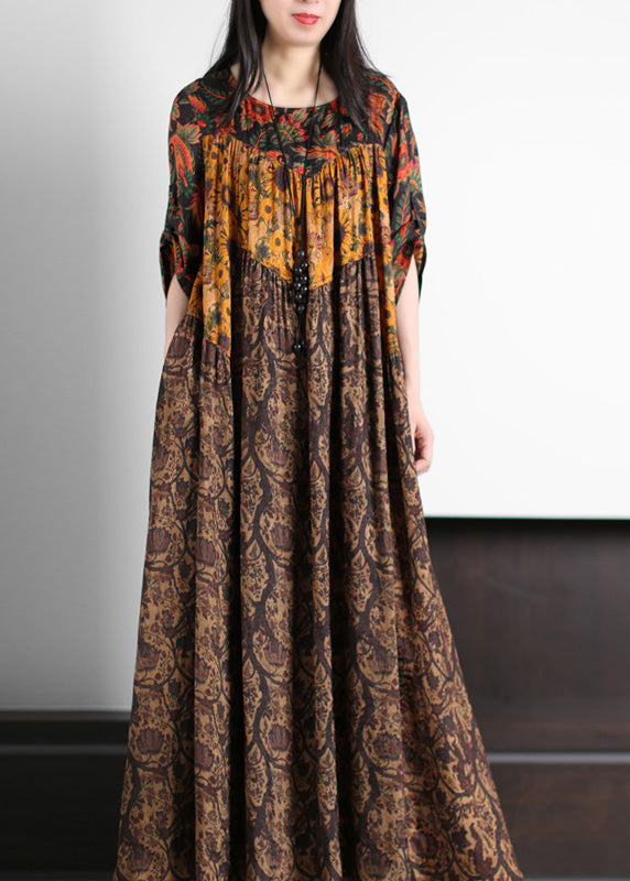 Elegant Yellow Print Wrinkled Silk Long Dress Summer