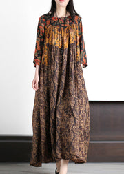 Elegant Yellow Print Wrinkled Silk Long Dress Summer