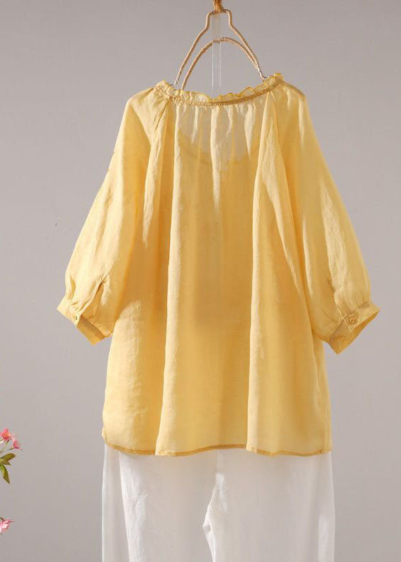 Elegant Yellow Ruffled Patchwork Linen T Shirt Tops Summer