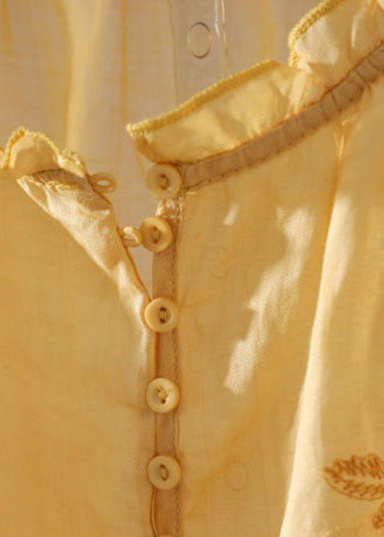 Elegant Yellow Ruffled Patchwork Linen T Shirt Tops Summer