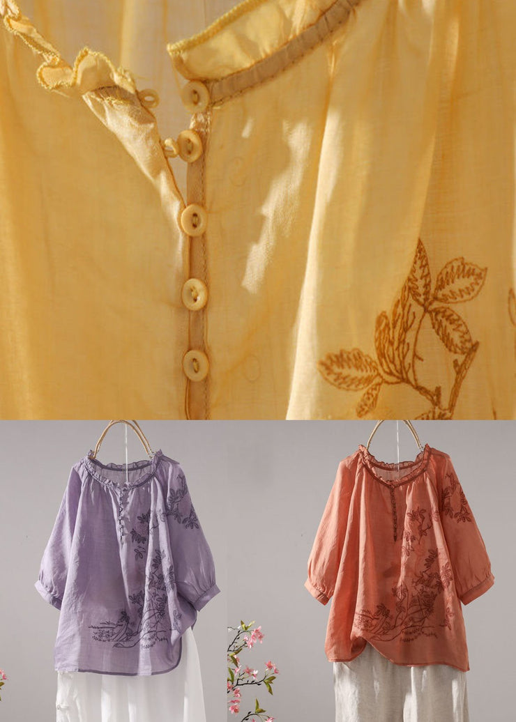 Elegant Yellow Ruffled Patchwork Linen T Shirt Tops Summer