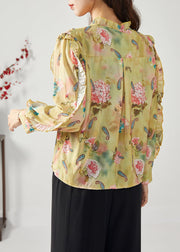 Elegant Yellow Ruffled Patchwork Print Chiffon Top Spring