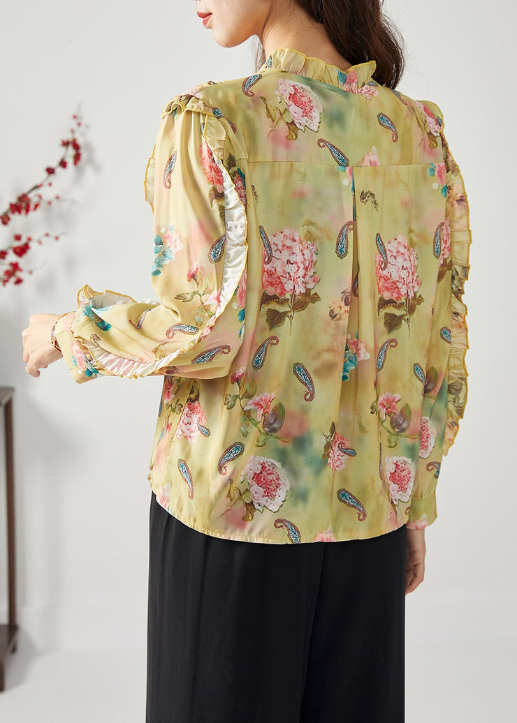 Elegant Yellow Ruffled Patchwork Print Chiffon Top Spring