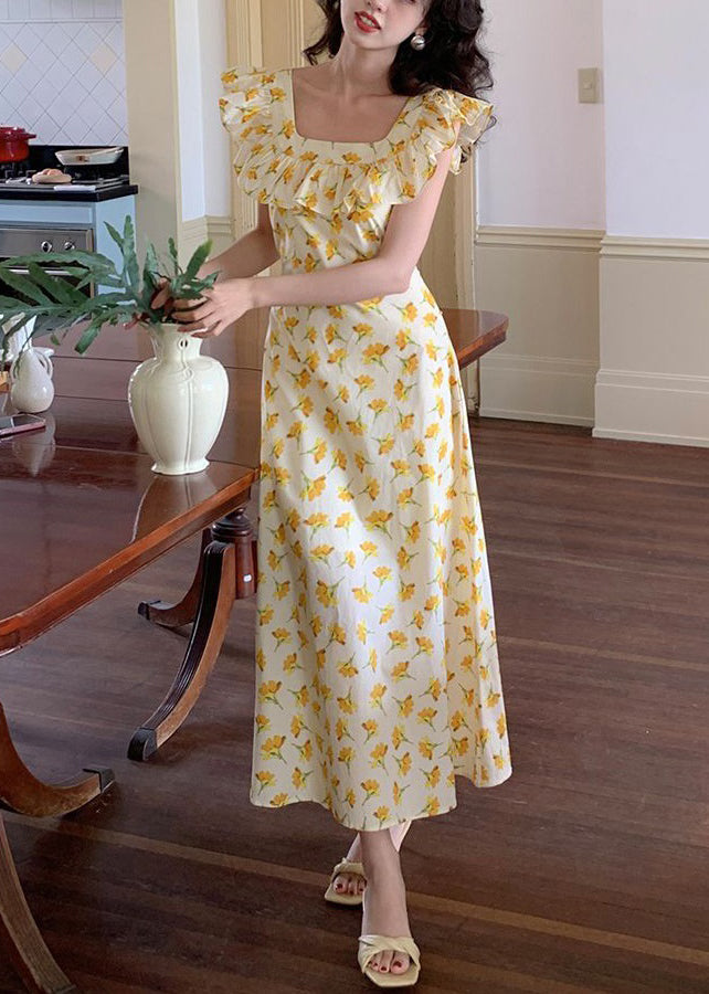 Elegant Yellow Ruffled Print Cotton Long Dress Sleeveless