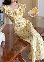 Elegant Yellow Ruffled Print Cotton Long Dress Sleeveless