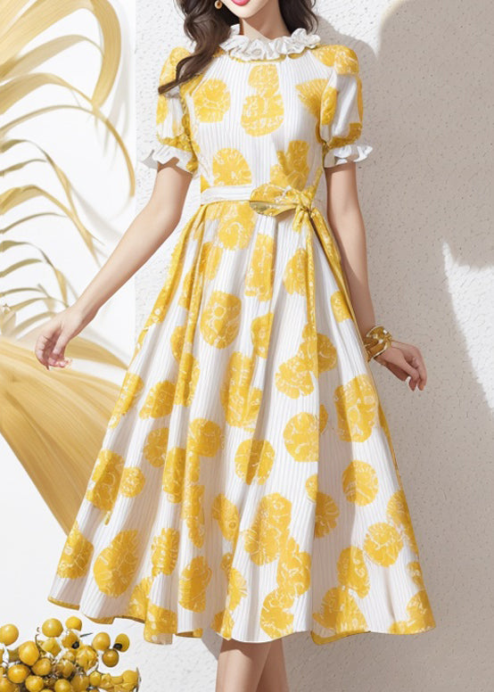 Elegant Yellow Ruffled Print Tie Waist Silk Dress Summer