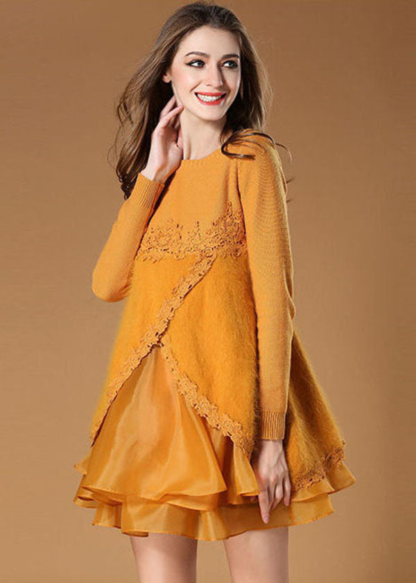 Elegant Yellow Side Open Organza Patchwork Fuzzy Fur Fluffy Mini Dresses Spring