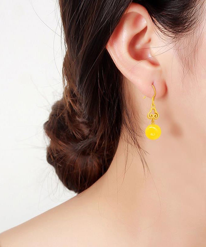 Elegant Yellow Silver Inlaid Beeswax Ball Drop Earrings