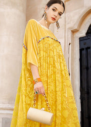 Elegant Yellow Square Collar Patchwork Silk Velour Maxi Dress Bracelet Sleeve