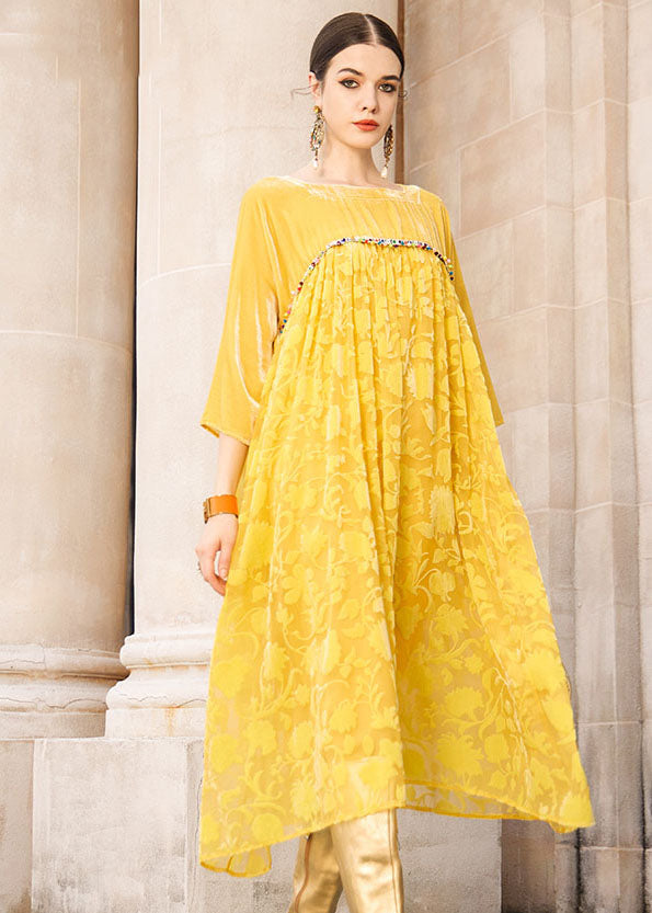 Elegant Yellow Square Collar Patchwork Silk Velour Maxi Dress Bracelet Sleeve