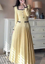 Elegant Yellow Square Collar Solid Pleated Dresses Fall