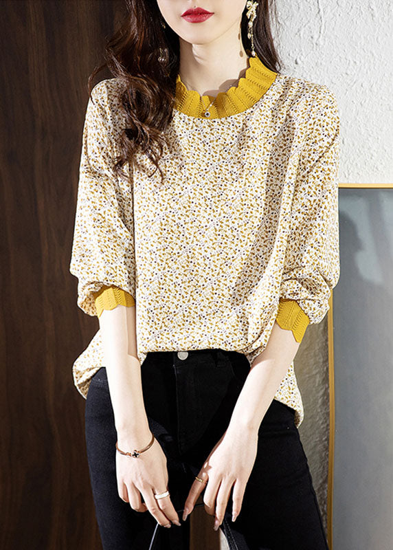 Elegant Yellow Stand Collar Print Chiffon Shirt Top Spring