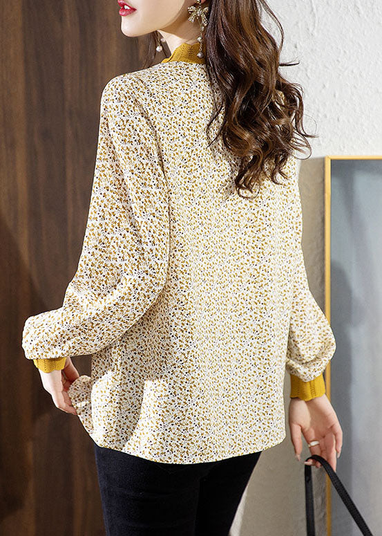 Elegant Yellow Stand Collar Print Chiffon Shirt Top Spring