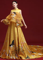 Elegant Yellow Stand Collar Print Ruffled Silk Maxi Dresses Sleeveless