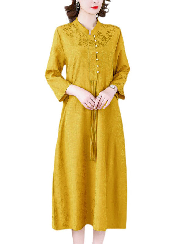 Elegant Yellow Stand Collar Tassel Button Silk Long Dresses Long Sleeve