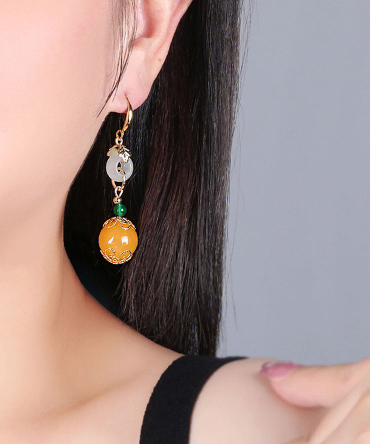 Elegant Yellow Sterling Silver Overgild Jade Drop Earrings