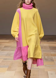 Elegant Yellow Turtleneck Patchwork Cotton Dress Long Sleeve