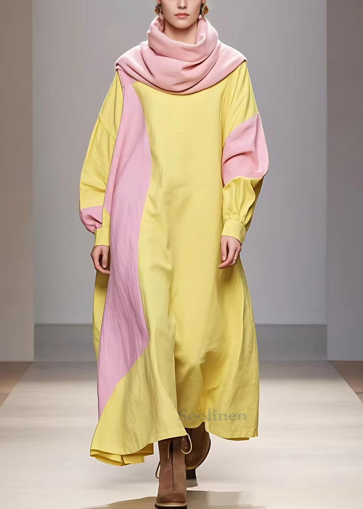 Elegant Yellow Turtleneck Patchwork Cotton Robe Dresses Long Sleeve