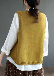 Elegant Yellow V Neck Button Patchwork Cotton Knit Waistcoat Sleeveless