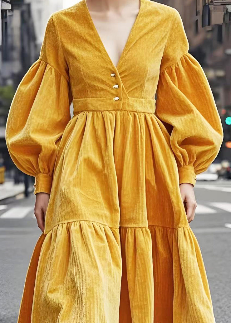 Elegant Yellow V Neck Exra Large Hem Corduroy Dresses Lantern Sleeve