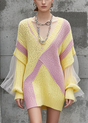 Elegant Yellow V Neck Patchwork Tulle Knitwear Dress Fall