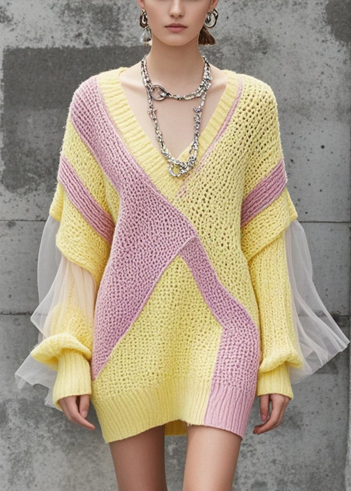 Elegant Yellow V Neck Patchwork Tulle Knitwear Dress Fall