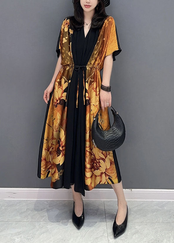 Elegant Yellow V Neck Print Wrinkled Drawstring Patchwork Silk Dress Summer