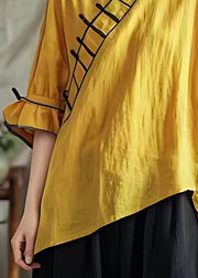 Elegant Yellow V Neck Solid Cotton Blouses Half Sleeve