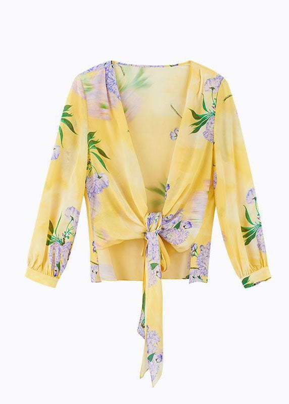 Elegant Yellow V Neck Wrinkled Print Patchwork Chiffon Top Spring