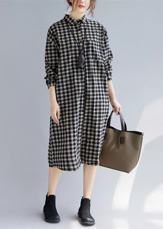 Elegant black Plaid natural cotton shirt dress trendy plus size Turn-down Collar pockets traveling clothing casual long sleeve baggy shirt dresses