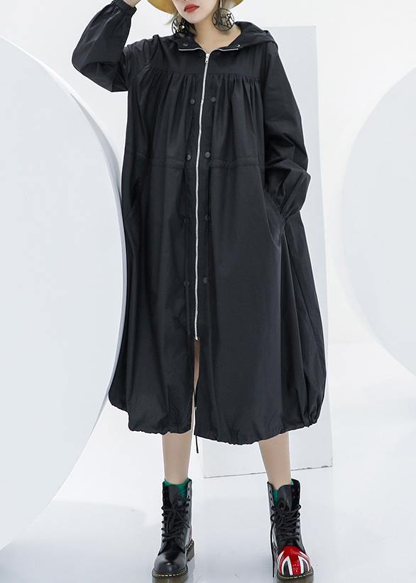 Elegant black oversized maxi coat hooded pockets zippered coat