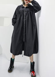 Elegant black oversized maxi coat hooded pockets zippered coat