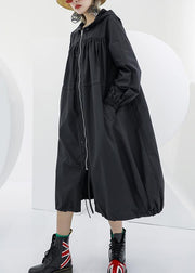 Elegant black oversized maxi coat hooded pockets zippered coat