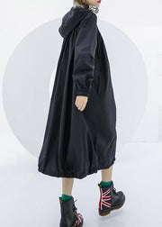 Elegant black oversized maxi coat hooded pockets zippered coat