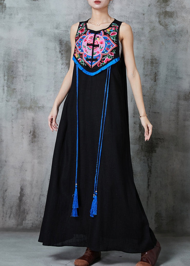 Ethnic Style Black Embroidered Tasseled Cotton Holiday Dress Sleeveless